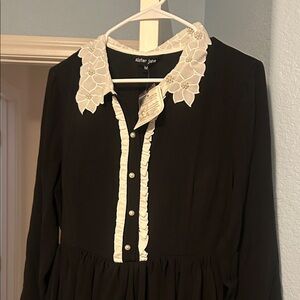 Sister Jane Black Long-Sleeve Dress with White Embroidered Collar